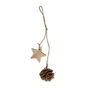 Etoile bois naturelle et pomme pin a suspendre 25cm x 8