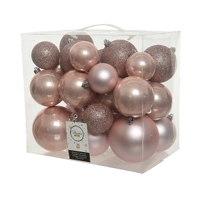 Boules noël plastique rose poudre assorties (x 26)