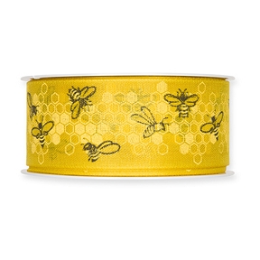 RUBAN TISSU JAUNE MOTIF ABEILLES 40MM X 18M