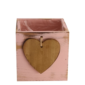 Pot Bois Rose Avec Coeur 10 X 10 Ht 10cm