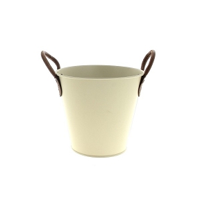 Cache-Pot Zinc Creme Anses Cuir Ø17 Ht 15cm