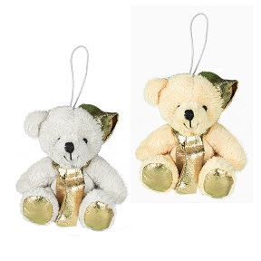 peluche ours avec écharpe et bonnet or à suspendre