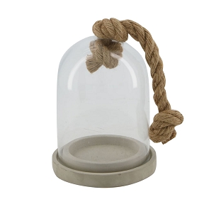 Cloche Verre Socle Bois + Corde Ø13.5 Ht 20cm