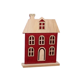 Maison en bois rouge sur socle 17cm x 23cm