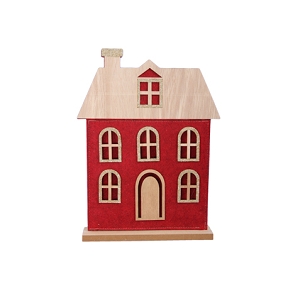 Maison en bois rouge sur socle 24 x 34cm