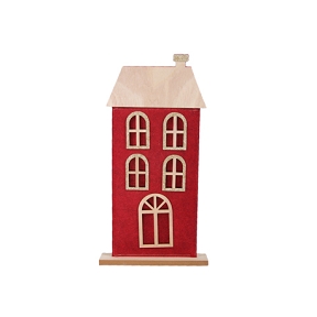 Maison en bois rouge sur socle 23 x 44cm