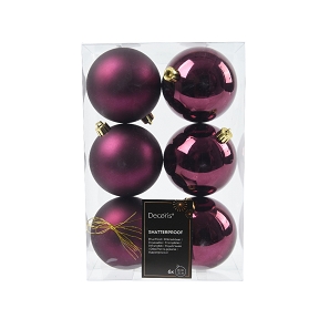 Boules noël plastique mauve foncé combi Ø80 mm x 6