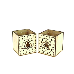 Pot bois carré motif Noël 8 x 8 ht 9cm ass