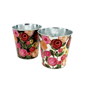 Cache-pot métal motif rose ø15 ht 15cm ass