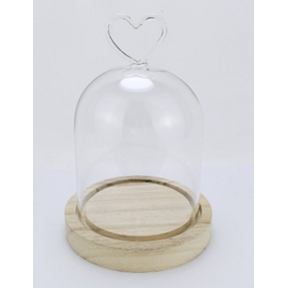 Cloche verre + coeur socle bois ø10 ht 17cm