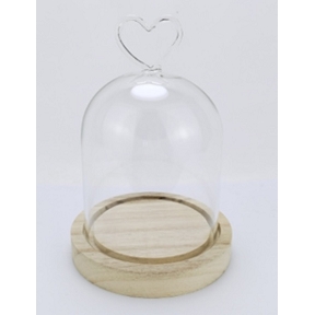 Cloche verre + coeur socle bois ø12 ht 25cm