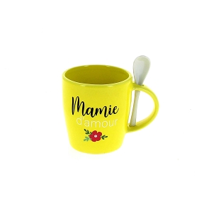 Tasse céramique + cuillère "mamie" jaune ø10 ht 11cm