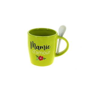 Tasse céramique + cuillère "mamie" vert ø10 ht 11cm