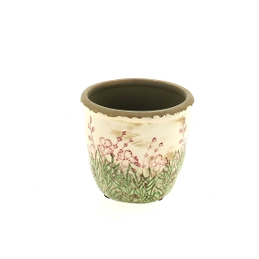 Cache-pot céramique fleurs vert-rose ø11.5 ht 10.5cm