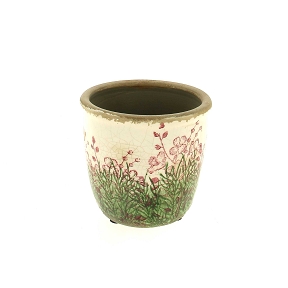 Cache-pot céramique fleurs vert-rose ø13 ht 12.5cm