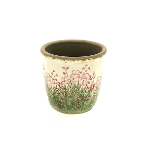 Cache-pot céramique fleurs vert-rose ø14.5 ht 13.5cm