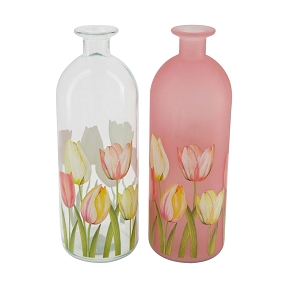 Bouteille verre motif tulipe 8 x 8 ht 26.5cm ass