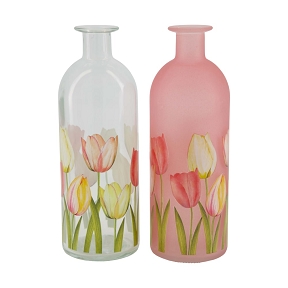 Bouteille verre motif tulipe 7 x 7 ht 20.5cm ass