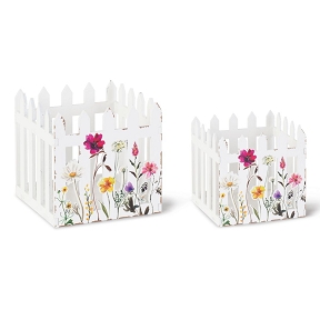 Contenant bois blanc + fleurs set de 2