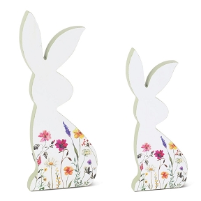 Lapin bois decor fleurs set de 2