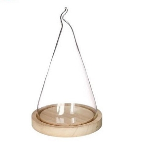 Cloche verre flamme socle bois ø14 ht 23.5cm