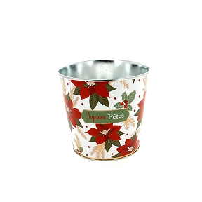 Cache-pot métal "Joyeuses Fêtes" motif poinsettia ø13.5 ht 12cm