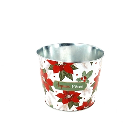 Cache-pot métal "Joyeuses Fêtes" motif poinsettia ø17.5 ht 14cm