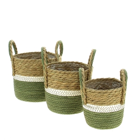 Cache-pot tresse naturel-vert set de 3