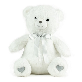Ours blanc brodé coeur + noeud satin gris ht 40cm