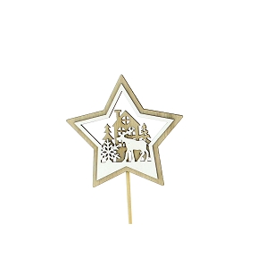 Piques bois étoile + cerf naturel et blanc Ht 30 cm