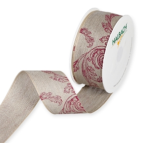 Ruban tissu nature imprimée fougère rouge 40mm x 12m