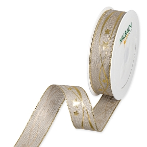 Ruban tissu naturel imprimée étoile or 25mm x 15m