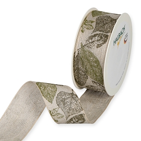 Ruban tissu naturel imprimée feuille verte 40mm x 15m