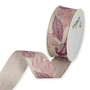 Ruban tissu naturel imprimée feuille fuchsia 40mm x 15m