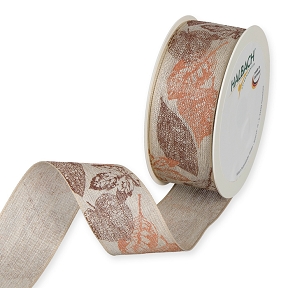 Ruban tissu naturel imprimée feuille marron-orange 40mm x 15m