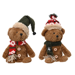 1 x Ours tissu brun + bonnet 14 x 9 ht 23cm