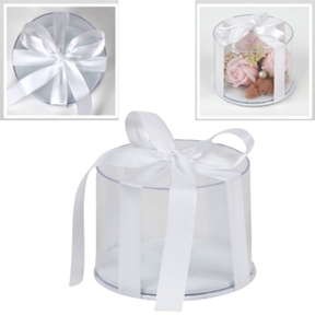 Boite transparente ronde + ruban blanc ø 12 ht 9 cm