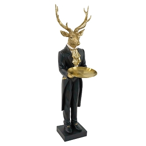 Cerf résine noir debout avec plateau ht 99 cm