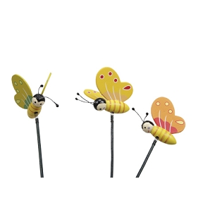 Papillons bois jaune-orange 8cm sur pique x24