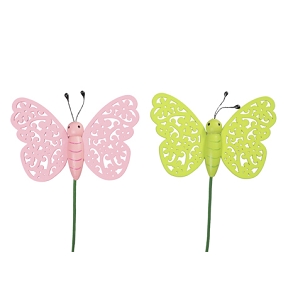 Papillons bois vert-rose 8cm sur pique x24