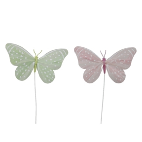Papillon 12cm rose-vert sur pique x12