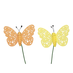 Papillons bois jaune orange 8cm sur pique x24