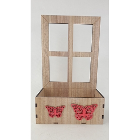 Jardinière rectangle bois fenêtre et papillons rose 19.5x11x3