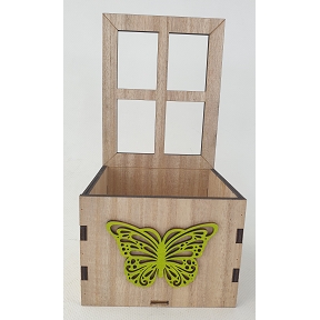 Jardinière carré bois fenêtre et papillon vert 11x11x 22