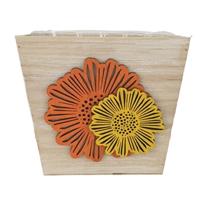 Pot carré bois fleurs orange et jaune 13.5x13.5x12