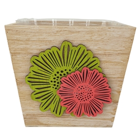 Pot carré bois fleurs vert et rose 13.5x13.5x12