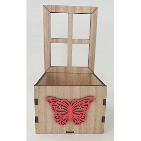 Jardinière carre bois fenêtre et papillon rose 11x11x22