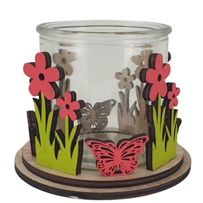 Pot rond verre sur support bois avec fleurs roses ø6 11x9