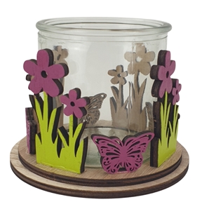 Pot rond verre sur support bois avec fleurs violet ø6 11x9v