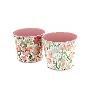 1 x Cache-pot métal motif fleurs rose ø11.5 ht 9.5cm